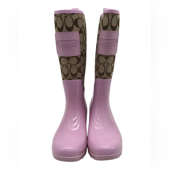 Coach Pink and Brown Pearl Rain Boots (canvas and rubber) Sz 9 - Picture 1 of 7